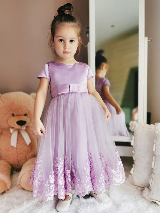 A-Line/Princess Tulle Short Ankle-Length Scoop Sleeves Lace Flower Girl Dresses
