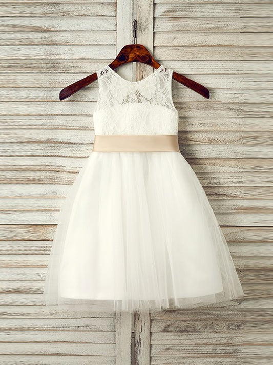 Scoop A-Line/Princess Tulle Sleeveless Bowknot Tea-Length Flower Girl Dresses