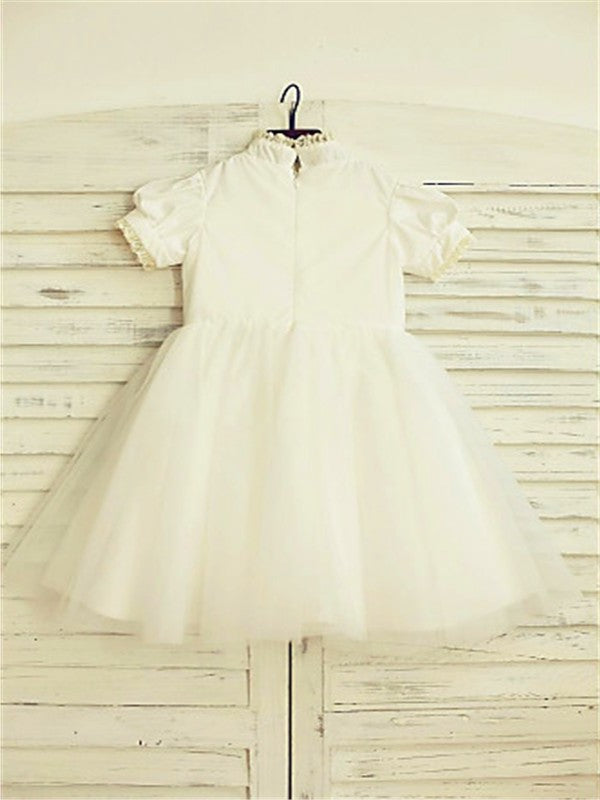 Sleeves Neck Tea-Length Lace Short A-line/Princess High Tulle Flower Girl Dresses
