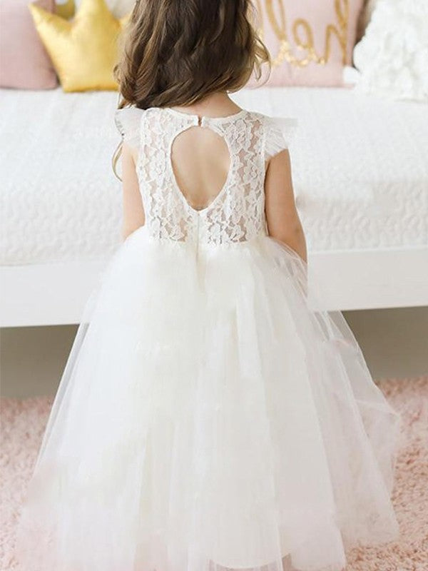 Lace Floor-Length Tulle Short Sleeves Scoop A-Line/Princess Flower Girl Dresses