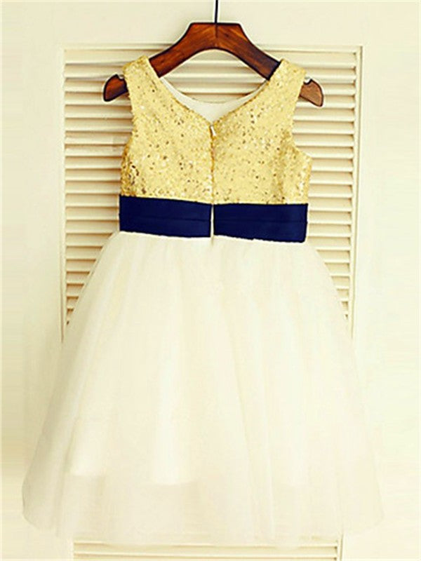 Scoop Sleeveless Knee-Length Tulle A-line/Princess Sequin Flower Girl Dresses