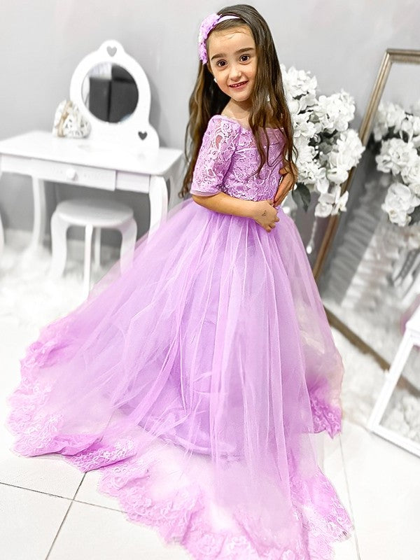 Train Off-the-Shoulder Sleeves Sweep/Brush Lace 1/2 Ball Tulle Gown Flower Girl Dresses