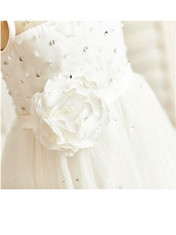 Hand-made Flower Tea-Length Sleeveless Tulle Scoop A-line/Princess Flower Girl Dresses