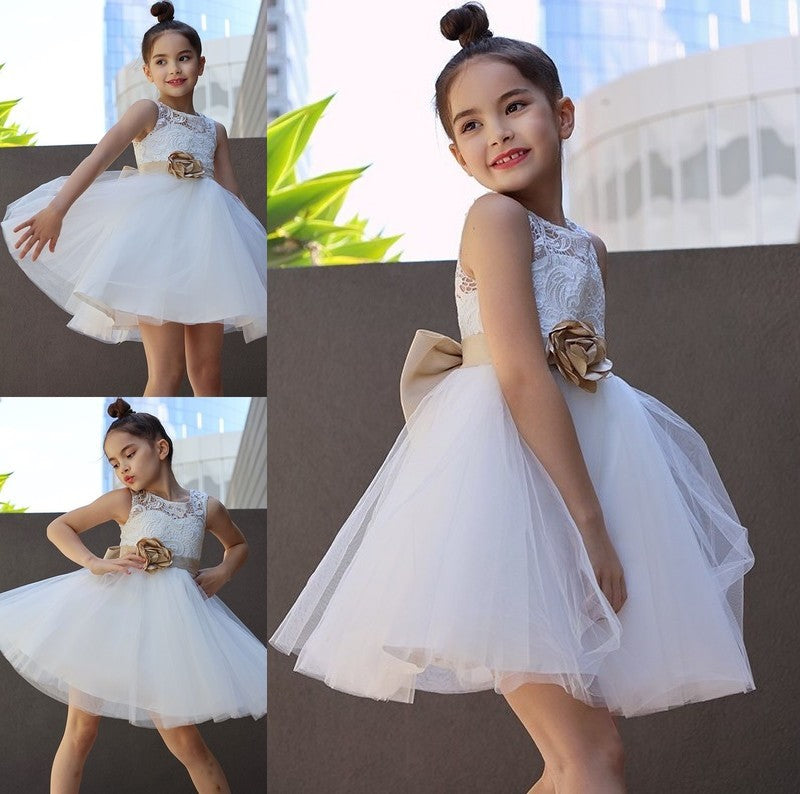 Sleeveless Lace Knee-Length A-Line/Princess Tulle Scoop Flower Girl Dresses