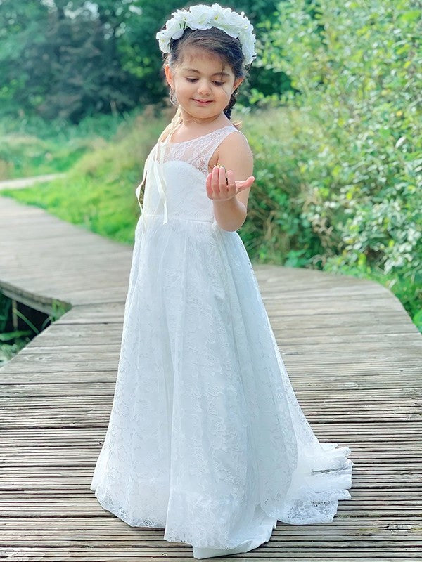 Sleeveless A-Line/Princess Lace Scoop Ruffles Ankle-Length Flower Girl Dresses