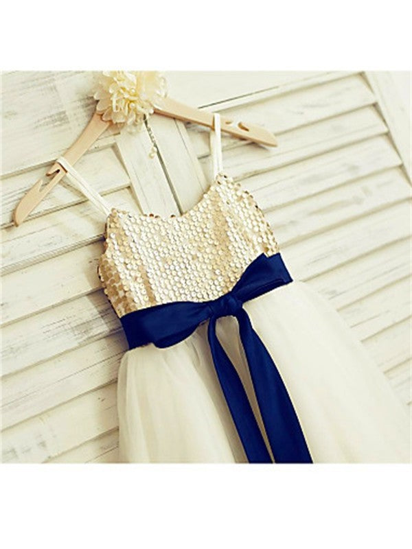 Tulle Sleeveless Straps A-line/Princess Sequin Spaghetti Ankle-Length Flower Girl Dresses