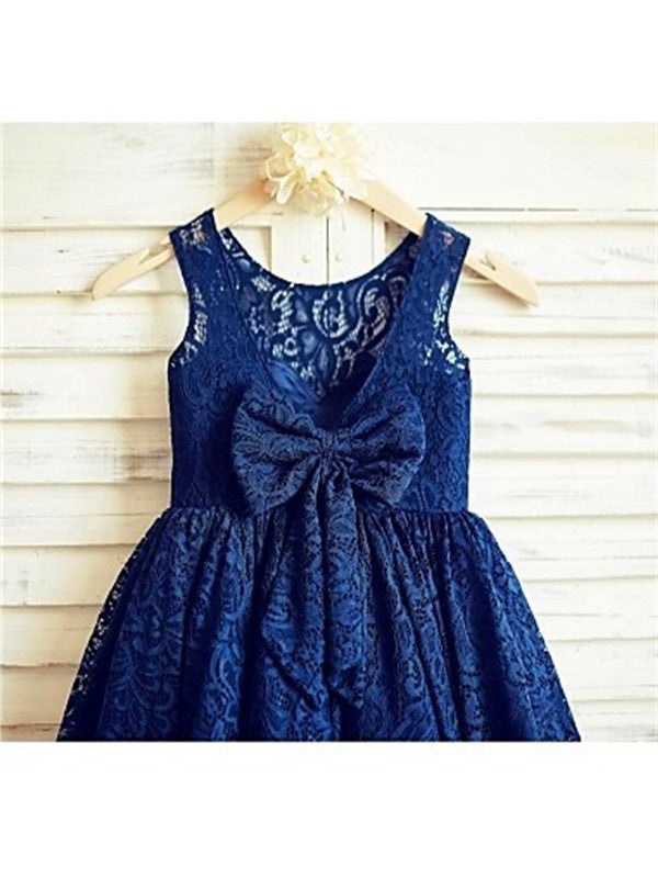 A-line/Princess Bowknot Tea-Length Scoop Lace Sleeveless Flower Girl Dresses