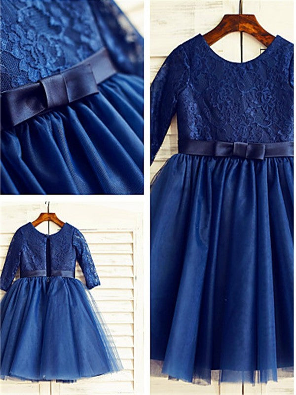 Tulle A-line/Princess Lace Sleeves Scoop Long Tea-Length Flower Girl Dresses