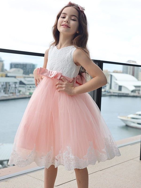 Bowknot A-Line/Princess Lace Scoop Short/Mini Sleeveless Flower Girl Dresses