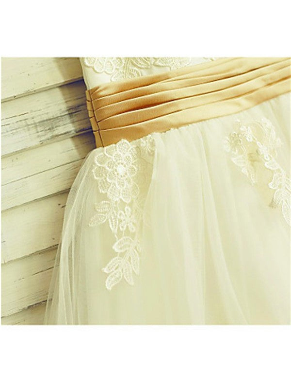 Tea-Length Sleeveless Tulle Lace Scoop A-line/Princess Flower Girl Dresses