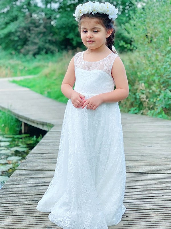 Sleeveless A-Line/Princess Lace Scoop Ruffles Ankle-Length Flower Girl Dresses