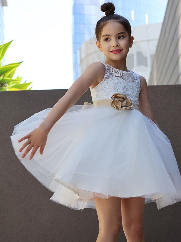 Sleeveless Lace Knee-Length A-Line/Princess Tulle Scoop Flower Girl Dresses