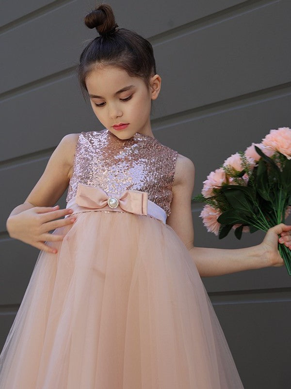 Sleeveless Scoop Bowknot Tulle A-Line/Princess Tea-Length Flower Girl Dresses
