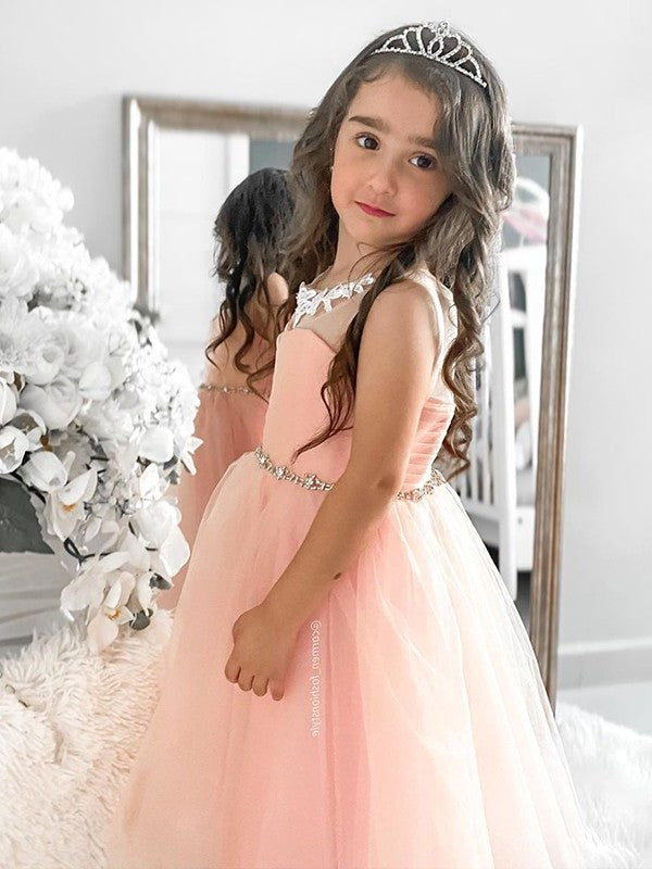 Tulle A-Line/Princess Scoop Tea-Length Sleeveless Beading Flower Girl Dresses
