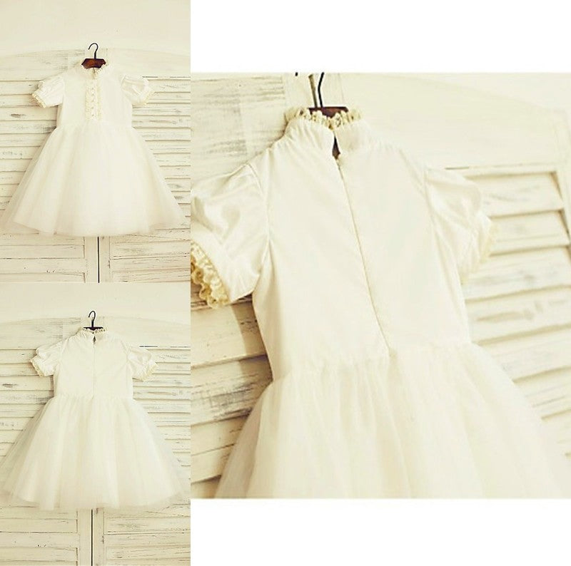 Sleeves Neck Tea-Length Lace Short A-line/Princess High Tulle Flower Girl Dresses