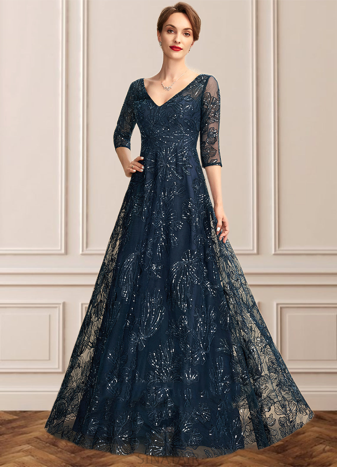 Josephine A-Line V-neck Floor-Length Lace Mother of the Bride Dress With Sequins DH126P0015015