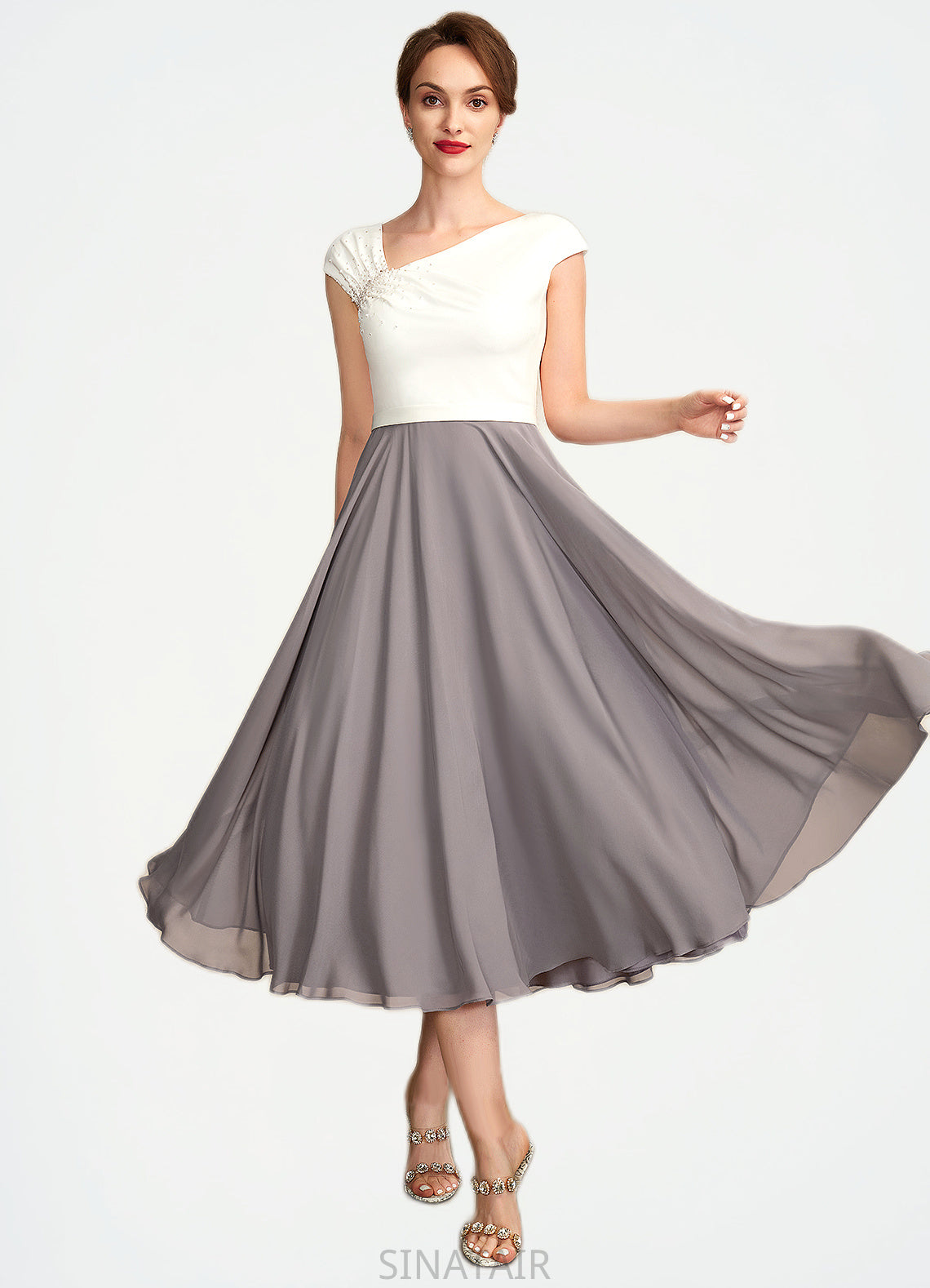Hazel A-Line V-neck Tea-Length Chiffon Mother of the Bride Dress With Ruffle Beading Sequins DH126P0015016