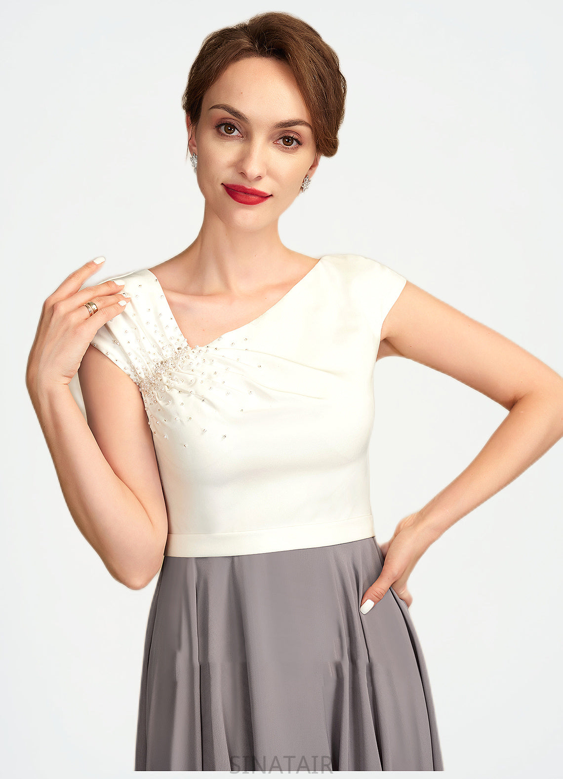 Hazel A-Line V-neck Tea-Length Chiffon Mother of the Bride Dress With Ruffle Beading Sequins DH126P0015016