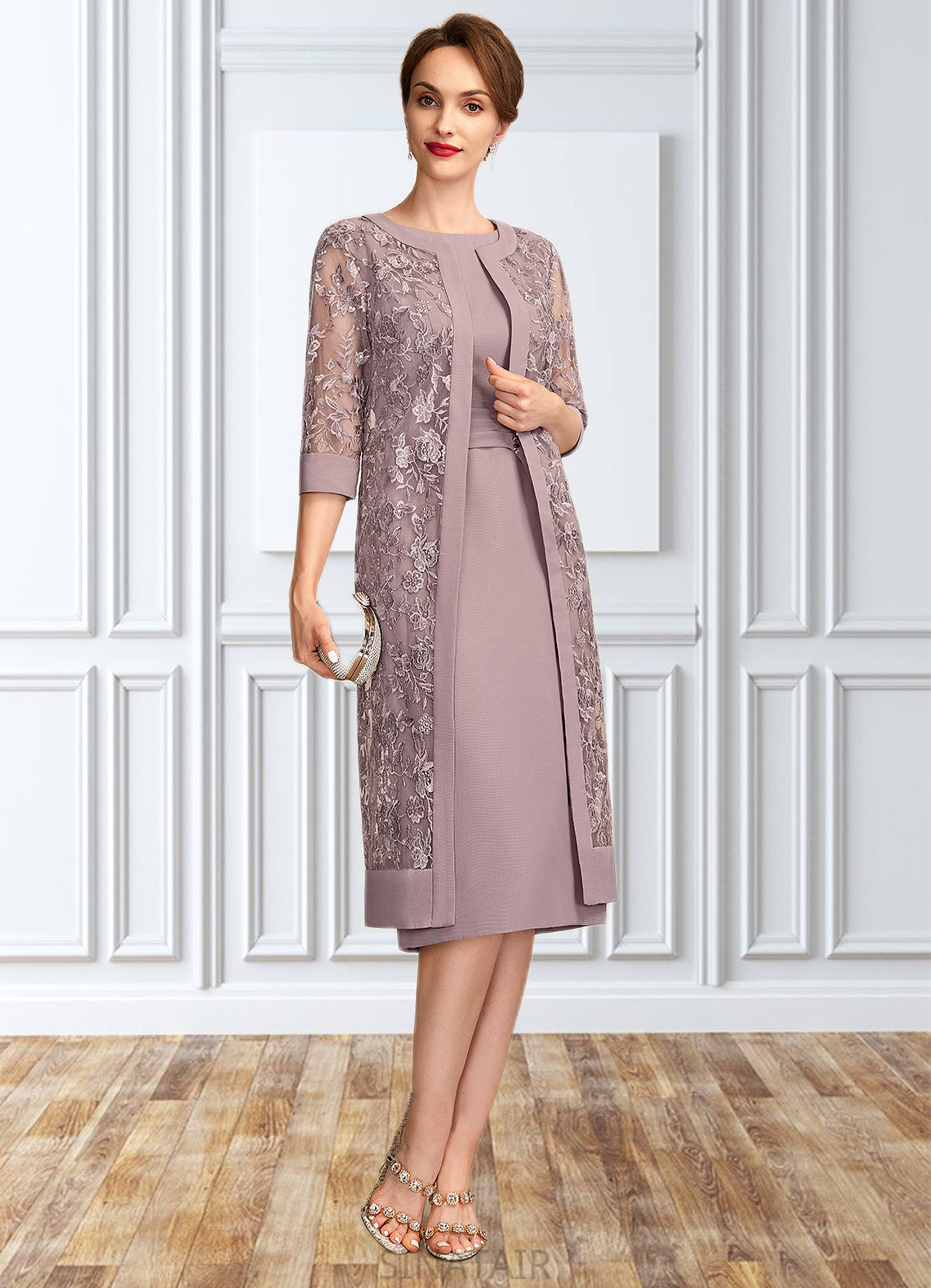 Shyanne Sheath/Column Scoop Neck Knee-Length Chiffon Mother of the Bride Dress With Ruffle Sequins DH126P0015023