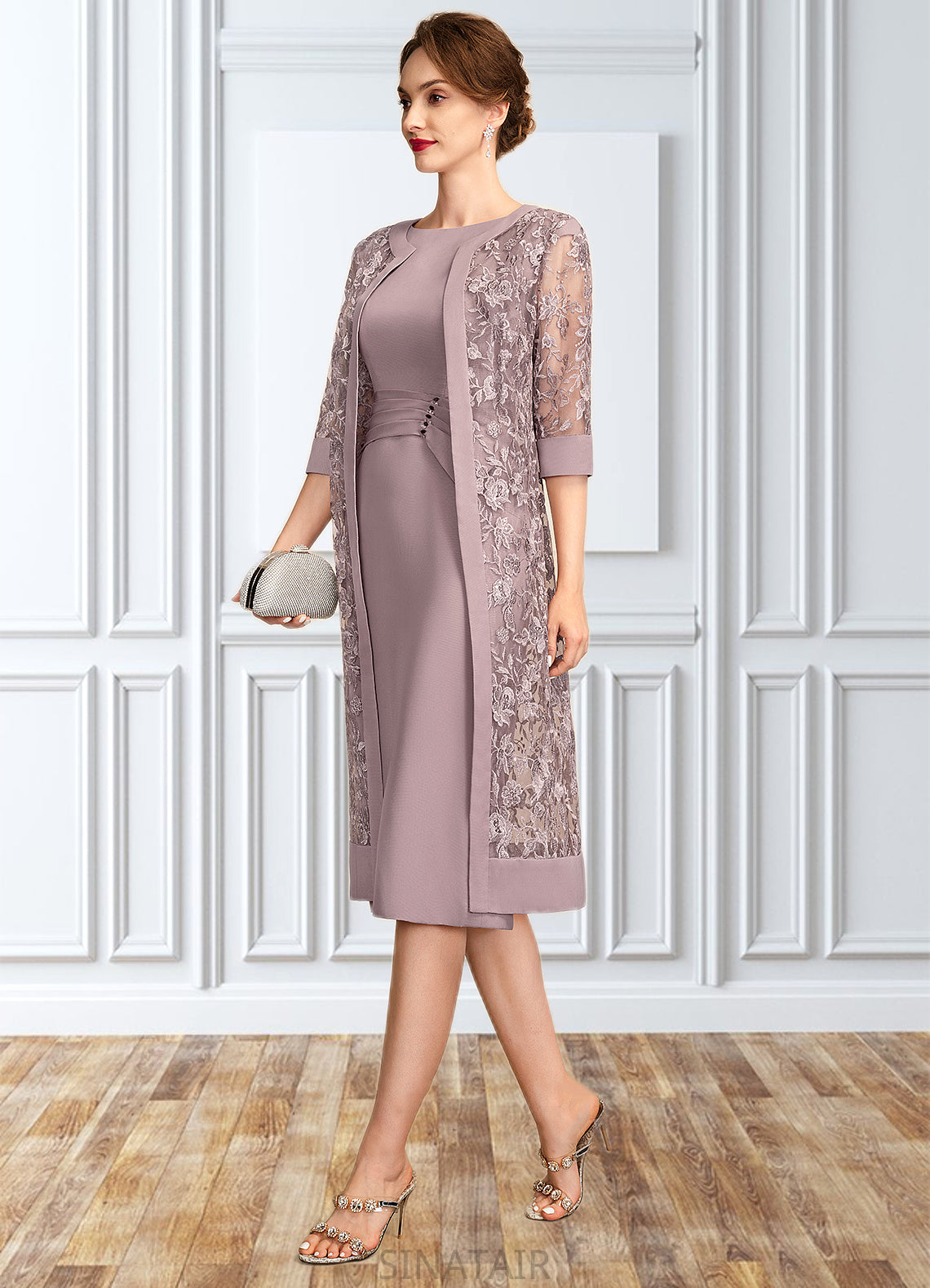 Shyanne Sheath/Column Scoop Neck Knee-Length Chiffon Mother of the Bride Dress With Ruffle Sequins DH126P0015023