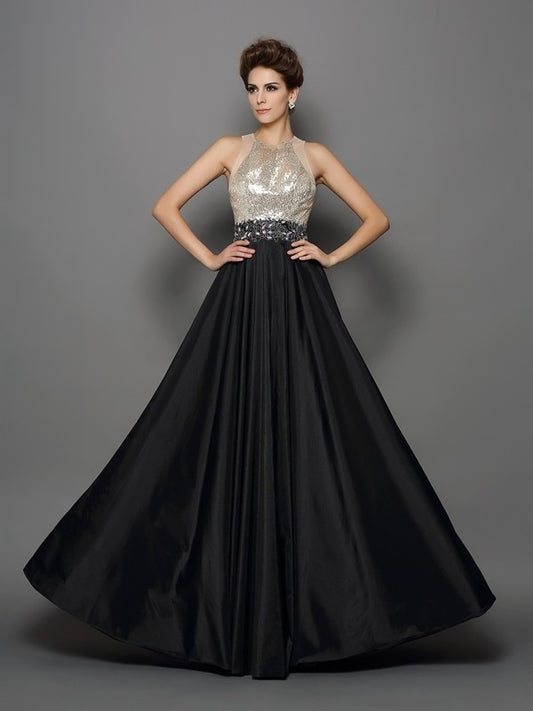 Neck A-Line/Princess High Sleeveless Sequin Long Taffeta Dresses