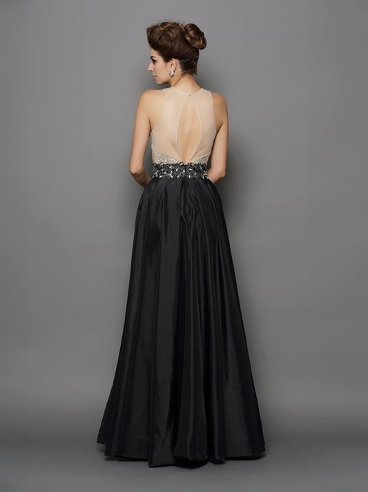 Neck A-Line/Princess High Sleeveless Sequin Long Taffeta Dresses