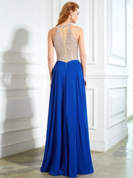 Scoop A-Line/Princess Floor-Length Sleeveless Crystal Chiffon Dresses